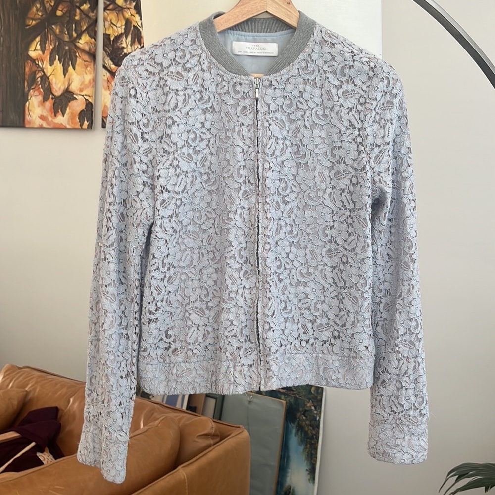 Zara Trafaluc Light Blue Lace Bomber Jacket